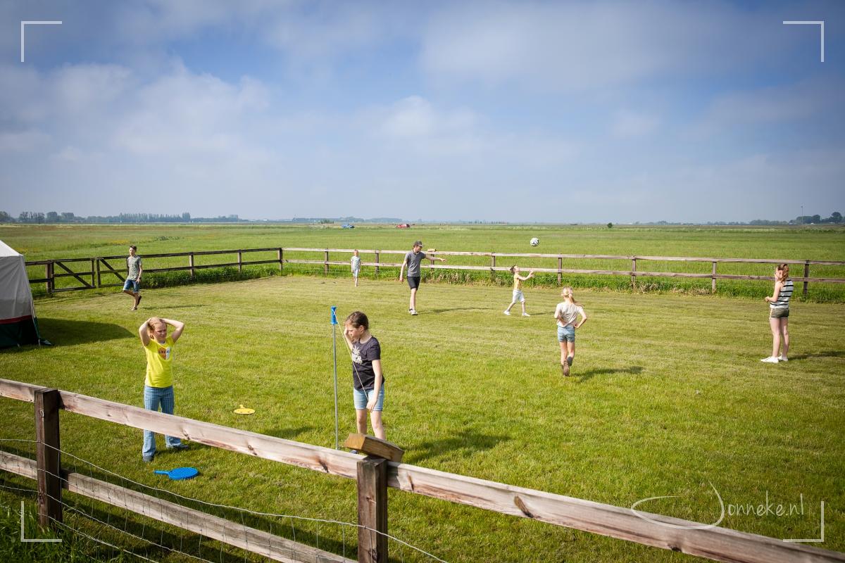 Dat weertje mensen... was het weiland nog soppig van de vele neerslag, het mag de speelpret niet drukken! 's Morgens op tijd wordt er al volop gespeeld, gebald, gesprongen.