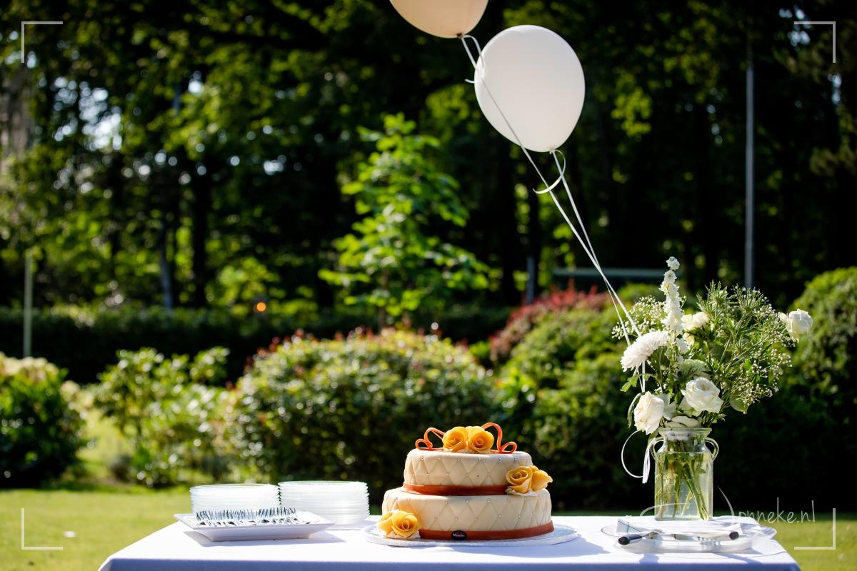 Grote verrassing voor het bruidspaar: er staat een mooie trouwtaart klaar! (Big surprise for the two: weddingcake! -present of the parents-)