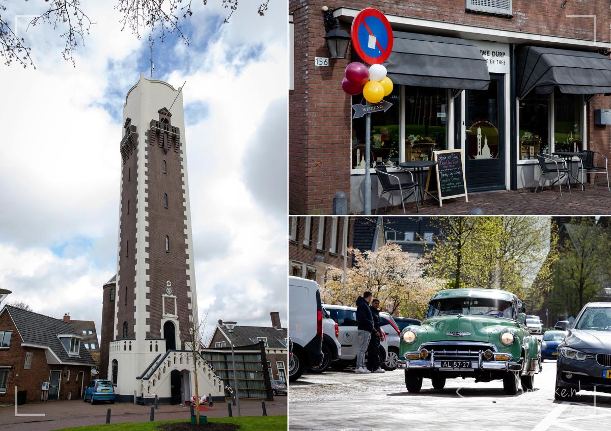 Daar bij de watertoren gaan ze trouwen, en op dat pleintje zit een superfijn 'Koffie&thee-huis' met de naam 't Ouwe Durp waar de gasten ontvangen worden en terwijl wordt de bruid opgehaald in die mooie slee.