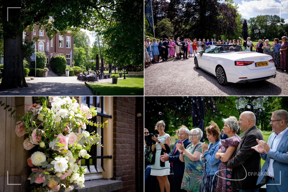 Na een flink ritje komen we in Bennenkom aan, bij kasteel Hoekelum. Dat was in 2020 al hun trouwlocatie, vandaar! Veel daggasten staan het mooie paar op te wachten.