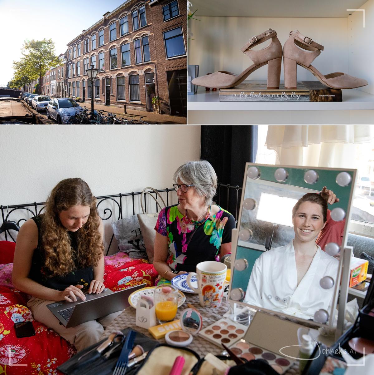 Als je goed naar het gebouw kijkt, zie je op welke kamer de bruid woont. Ze houdt van deze plek en wil graag vanuit haar lievelingshuis trouwen. Het studentenhuis waar ze zoveel heeft gedeeld.
