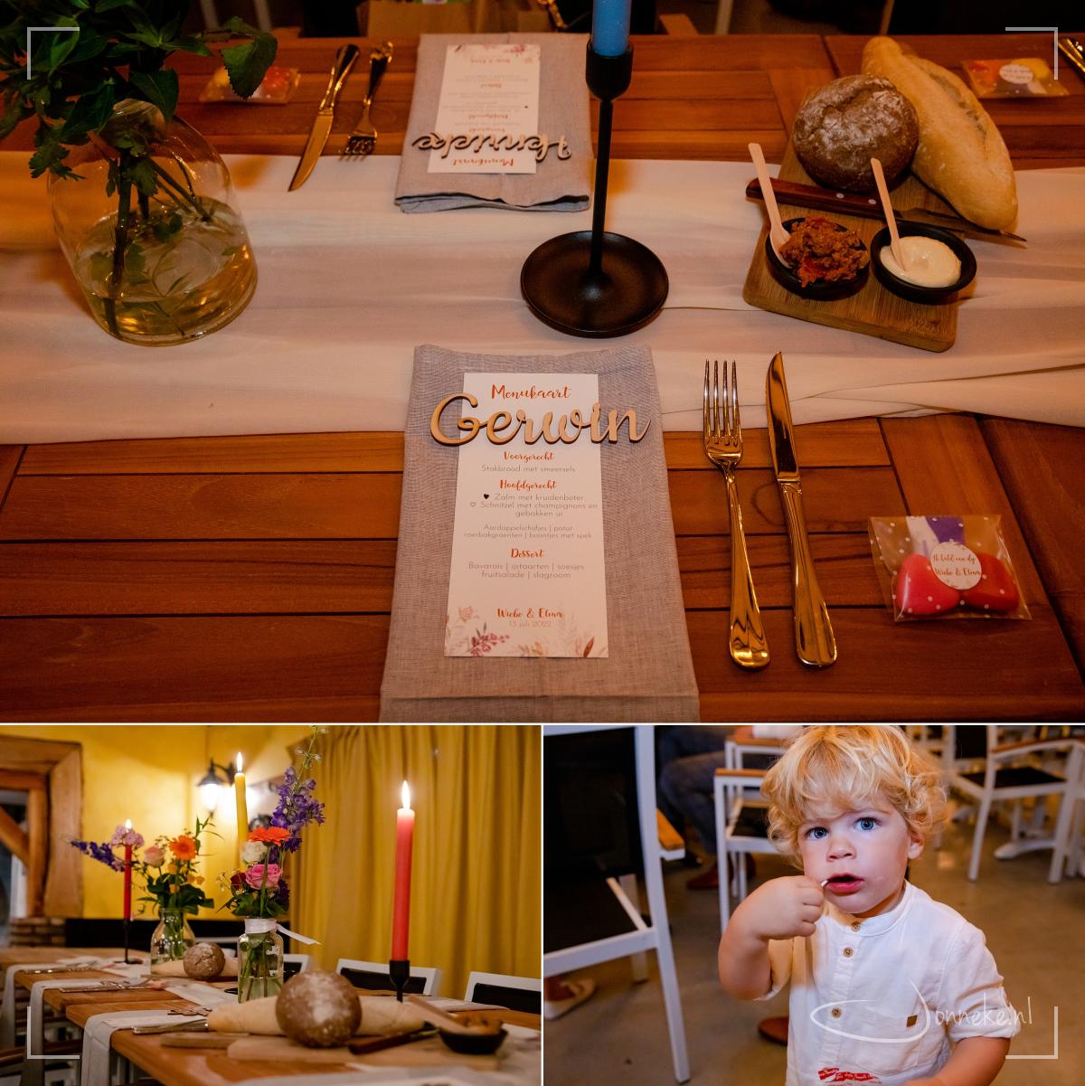 Het bruidspaar en de daggasten gaan ook heerlijk tafelen. Met weer een prachtig gedekte tafel. Die Magnifiek-weddingplanners kunnen er wat van!