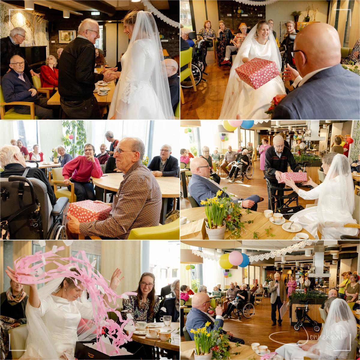 ... een cadeau-spel te doen. Want het cadeau wat Annelies kreeg ging eerst nog naar de kleinste man vandaar naar de vrouw zonder trouwring naar de man met grootste neus naar vrouw met mooiste ogen enz. En uiteindelijk kwam de doos weer bij de bruid uit!