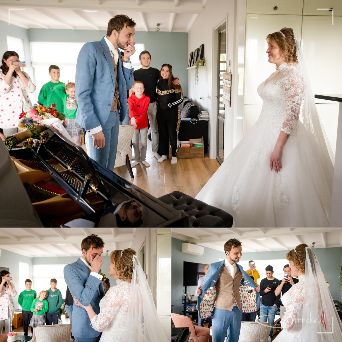 En als Jorin dan opstaat en zijn bruid ziet staan, schiet hij helemaal vol: 'Dinel, wat doe je nu?... zooo mooi!' (en ja, er stonden er daardoor meer met tranen ;-))