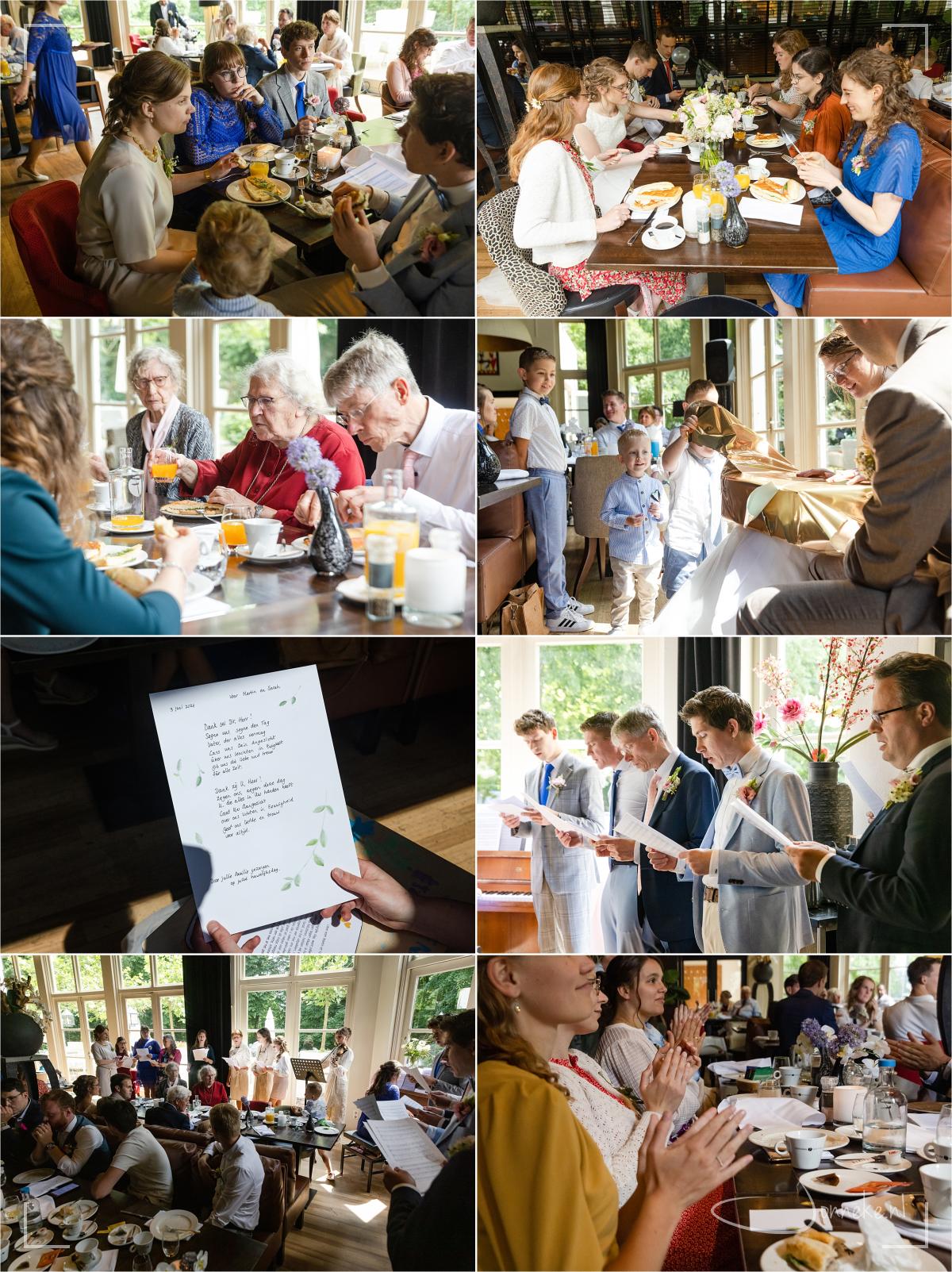 Gezellig lunchen met lekkere broodjes en zelfs pizza, lieve cadeautjes en familie die vierstemmig een prachtig lied zingt voor het bruidspaar!