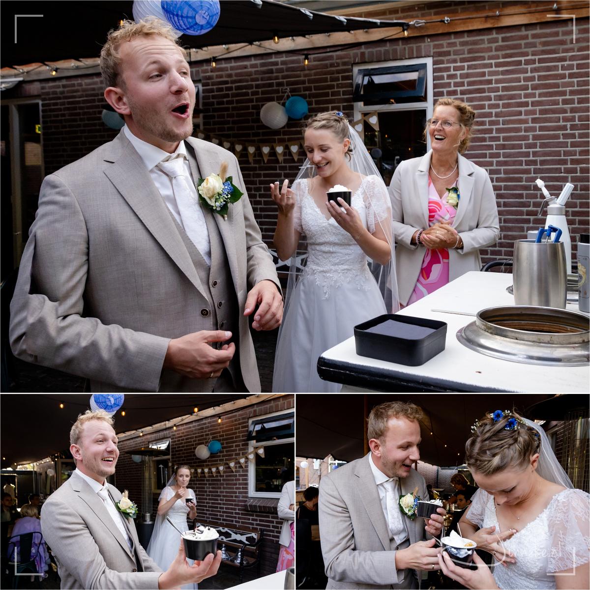Ijspret versie bruidspaar. iets van: ijs op je neus | wacht maar; 'mijn wraak zal zoet zijn' | ho oeps, maar mag ik het afvegen? ;-)