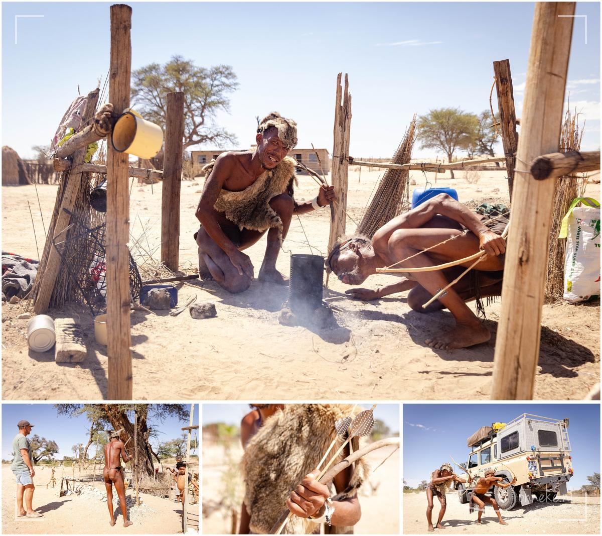Op de terugweg - net buiten het park - leven nog een aantal 'Bushman-families'. Ze verkopen zelfgemaakte sieraden en pijl en bogen enz. om o.a. in hun onderhoud te voorzien.